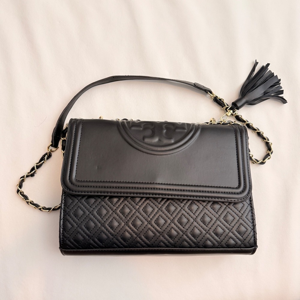 Tory Burch Fleming Shoulder Bag Womens Small Black Quilted Leather 381529-34